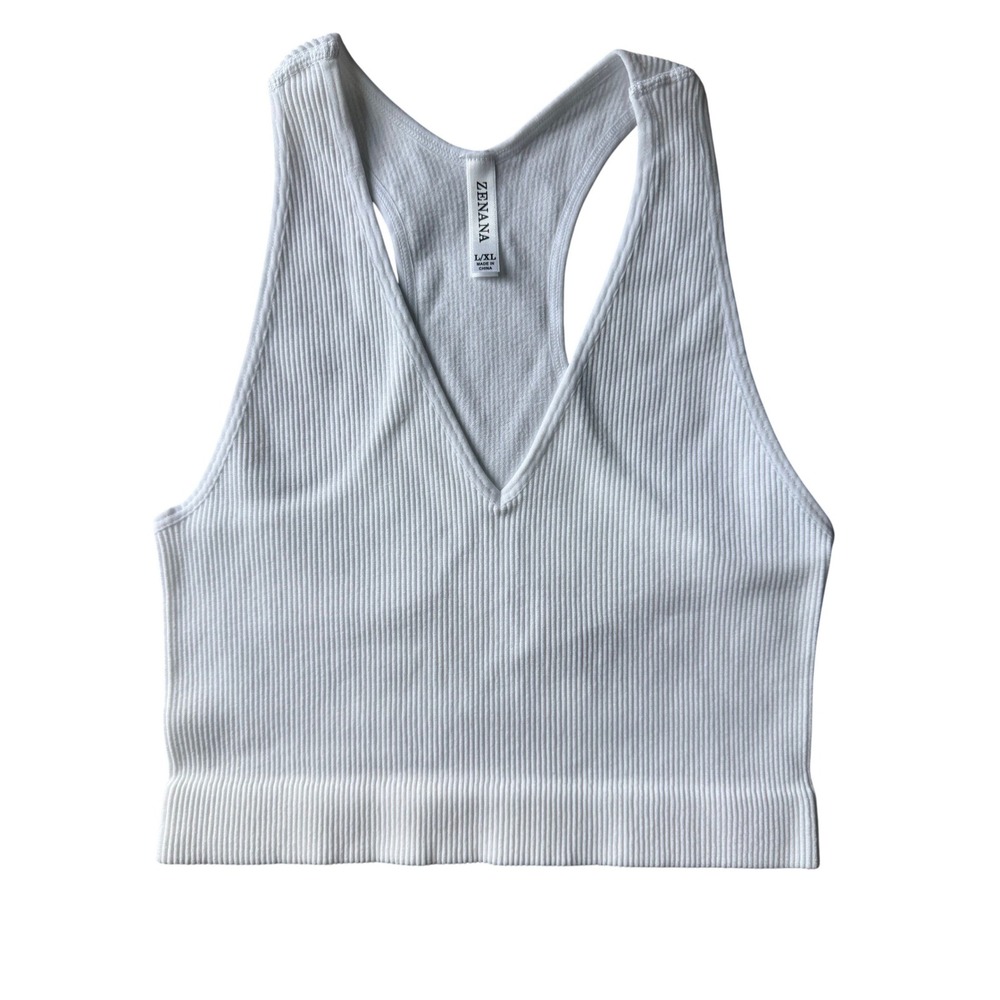 Zenana White Ribbed V-Neck Racerback Crop Tank Top L/XL Seamless Knit